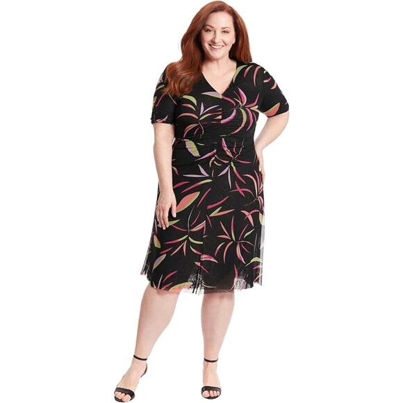 MAGGY LONDON Zemira Reversible Dress Mesh Floral Leaves Knee Length Black NWT XL - Picture 1 of 13